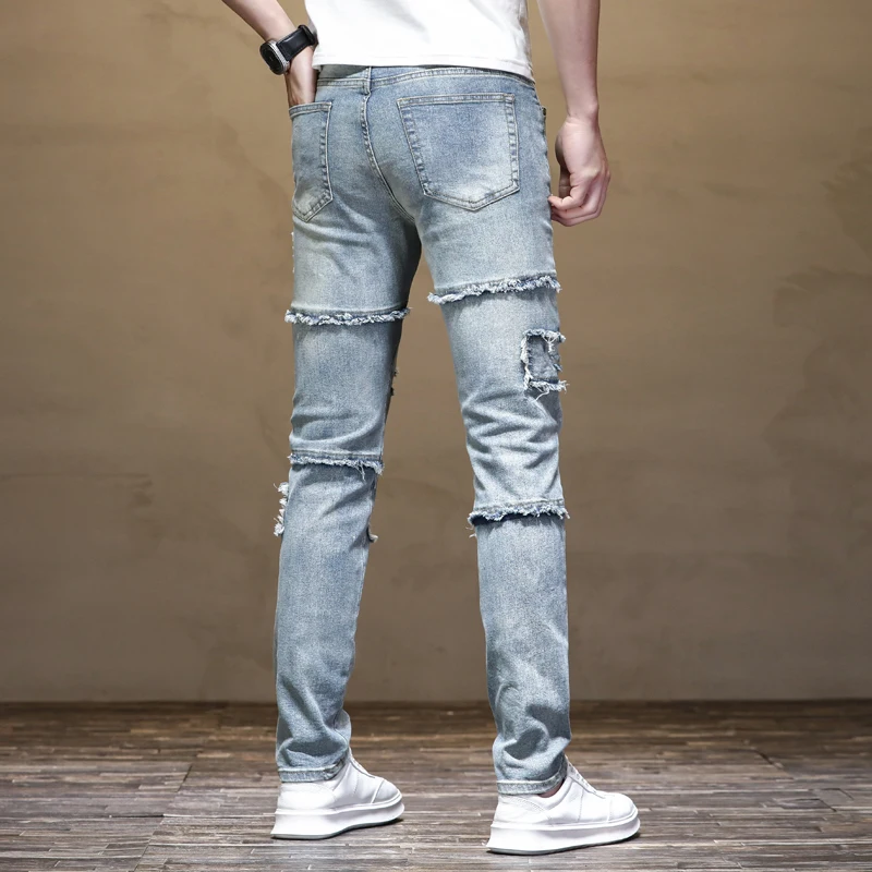 2024neue Retro Distressed Ripped Jeans Herren Patch Stretch Slim Fit Nähte gerade nostalgische High Street Motorrad hose