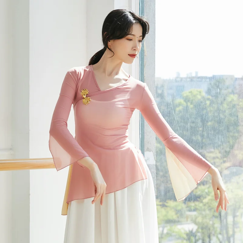 

Gauze Classical Wear Side Contrast Color Dance Shirt Chinese Folk Dance Practice Modern Dance Top Blouse V Neck Long Sleeve