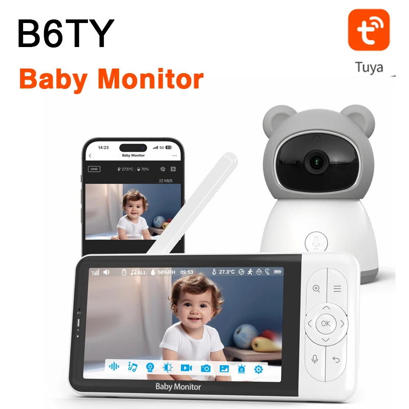 Tuya Smart Baby Monitor 5 Inch Screen 1080P Video APP Remote Control Two Way Audio Night Vision Wireless Camera 3000mAh