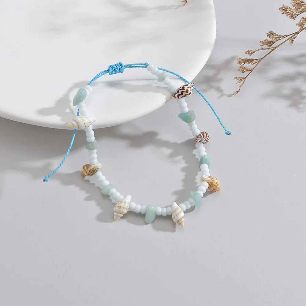 Bohemian Shell Rice Beads Anklets for Women Fashion Handmade Green Stone Gravel Chain Anklets Summer Beach Jewelry Gifts