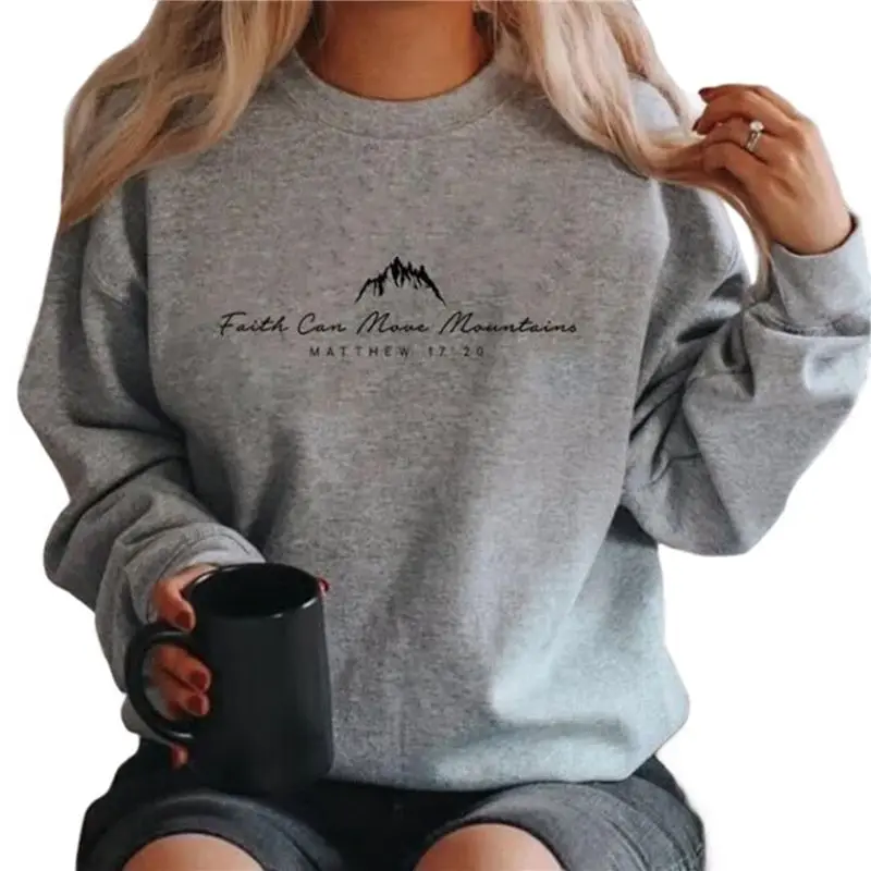 

CYL-Long Sleeve Shirt For Women Bible Verse Sweatshirt Faith Can Move Mountains Pullover Casual Graphic Top Flower Grey L