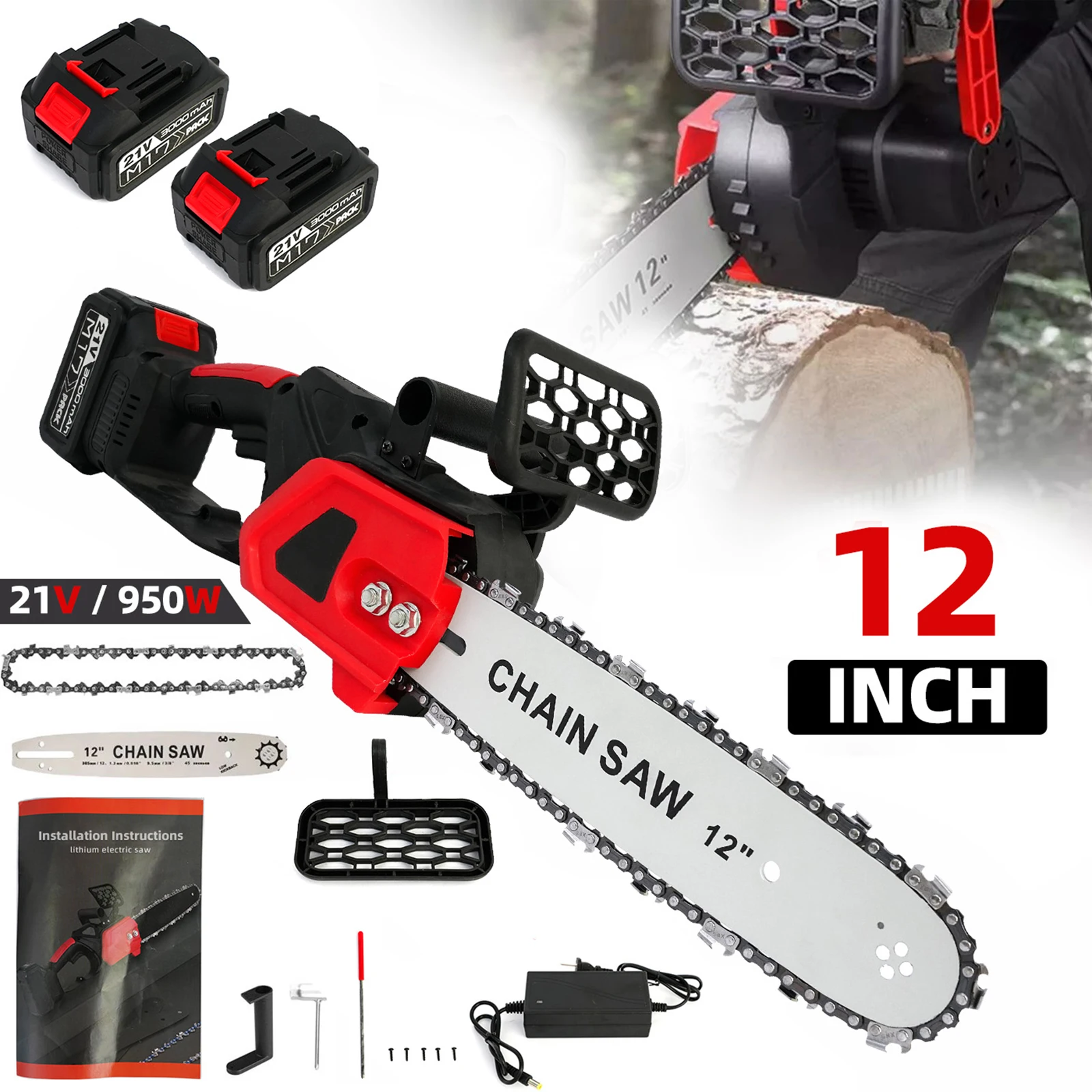 12 Inch Chainsaw Handheld 21V Brushless 950W with Rechargeable 2x3.0Ah Battery and Charger for Tree Branch Wood Cutting Saw
