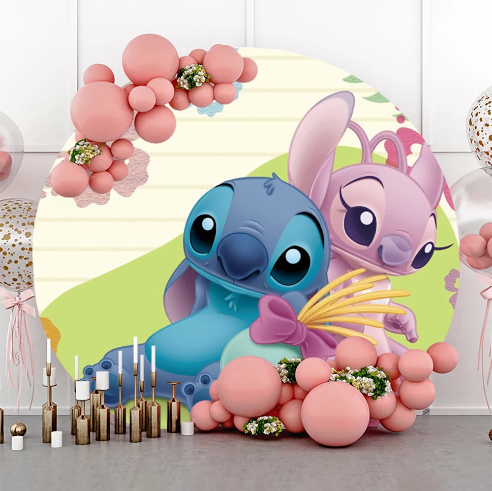 

Custom Cartoon Lilo & Stitch Round Backdrops Children's Happy Birthday Decoration Photographic Backgrounds Decor Banner Props