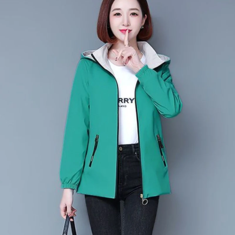 

20230 Autumn New Women Jacket Fashion Reversible Coat Loose Leisure Short Jacket Thin hooded Outwear Young Mother Dressing