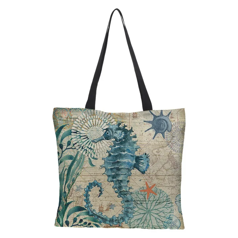 Shopping Bag Large Capacity Fashionable Tote Turtles Seahorse Whale Octopus Animal Single Shoulder Bag