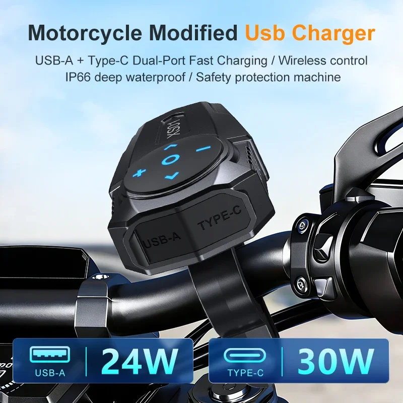 Motorcycle Handlebar Bluetooth Remote Control Machine with Dual Fast Charging Usb+Pd54W Motorcycle Mobile Phone Charger