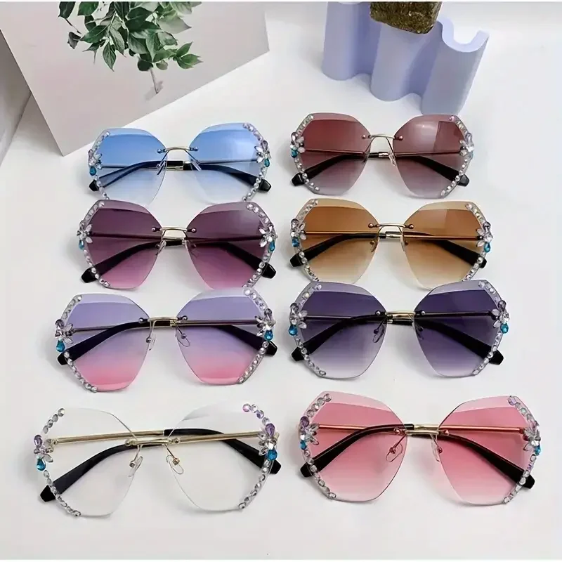 Rimless Ombre Lens Sunglasses For Women Men Rhinestone Decor Glasses Oversized Cat Eye Eyewear