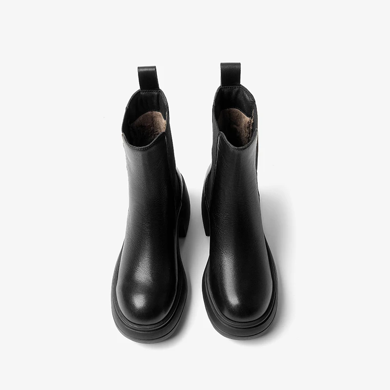 BEAUTODAY Chelsea Boots kobiety prawdziwa bydlęca skóra jednolity kolor z okrągłym noskiem wsuwane gumki zimowe damskie buty ręcznie robione 03 a53