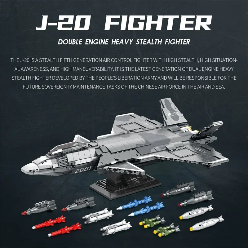 1911PCS J-20 Stealth Fighter Model Building Blocks Air Force Combat Aircraft Plane Bricks Desktop Display Kids Toys Holiday Gift