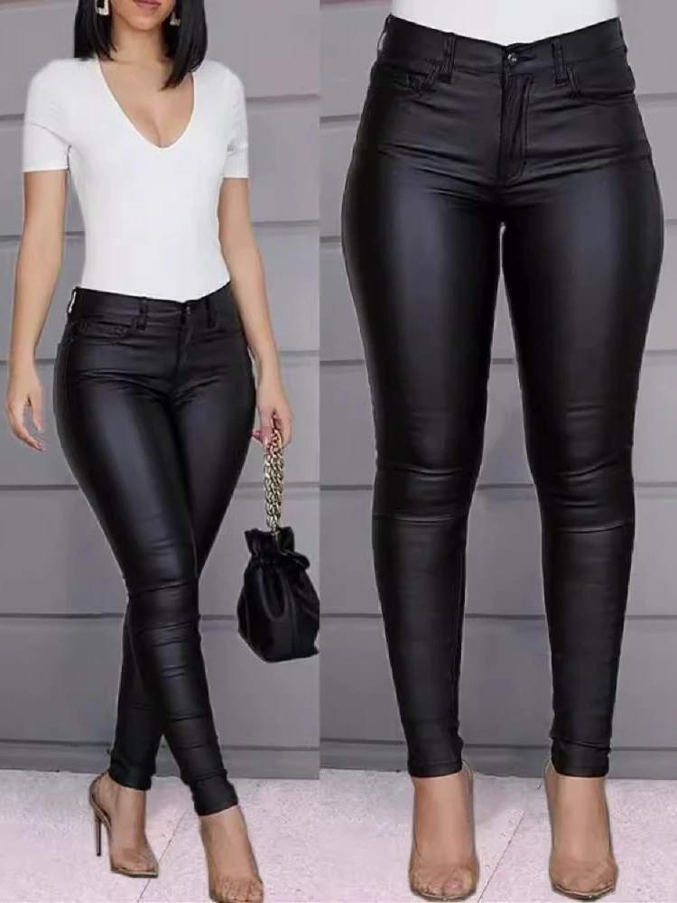 Spring Autumn Women PU Leather Pants Black Sexy Stretch Bodycon Trousers Leggings Female High Waist Long Casual Pencil Pants