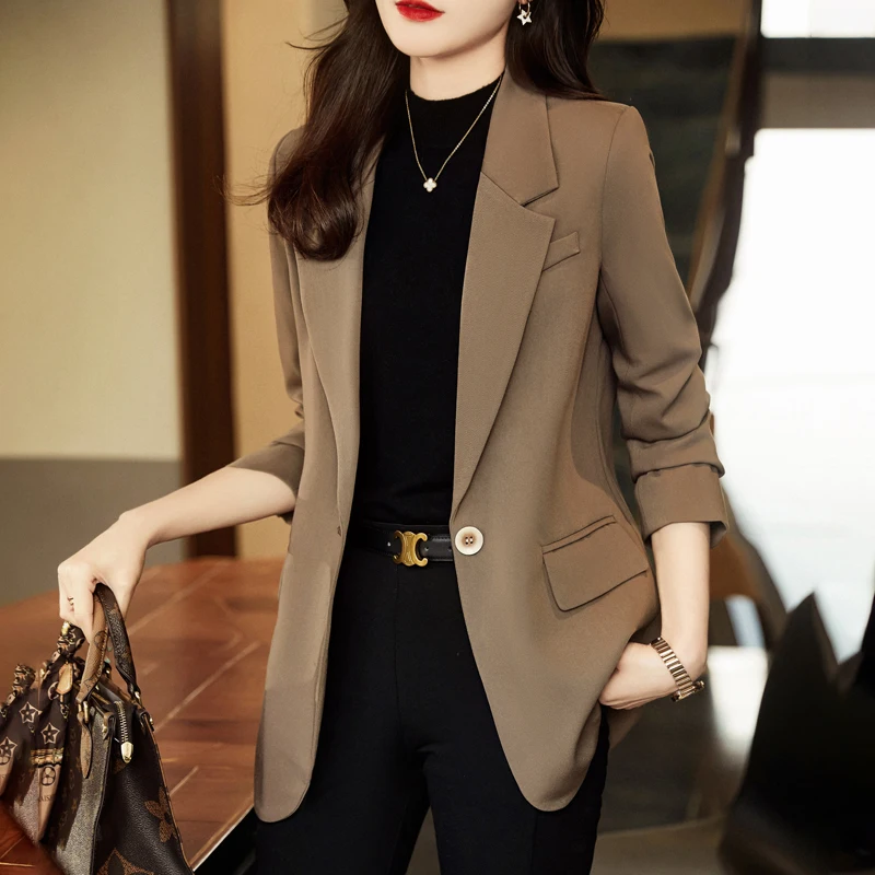 

Fashionable Casual Women's Suit Jacket Spring Autumn Khaki Color Slim Fit Elegant Top Sweet Style Long Sleeve High Collar