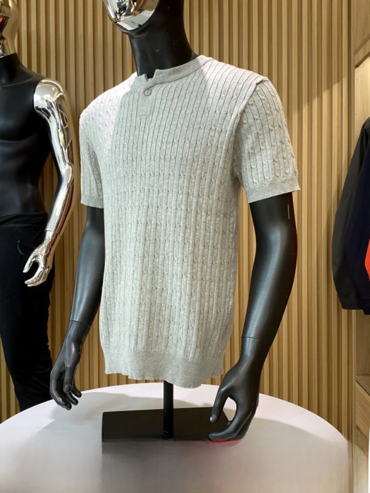 

American Style Knitted Short Sleeve T-Shirt Casual Breathable Henry Collar Business Leisure Spring Summer Men's Fashion