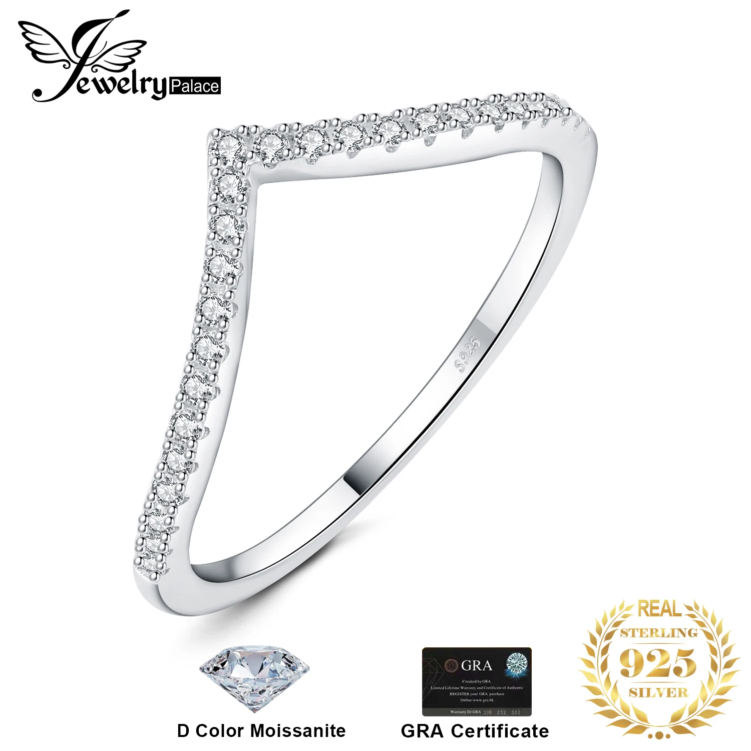 JewelryPalace Moissanite D Color Round Cut 925 Sterling Silver V Shape Stackable Obrączka ślubna dla kobiety pozłacana żółtym różowym złotem