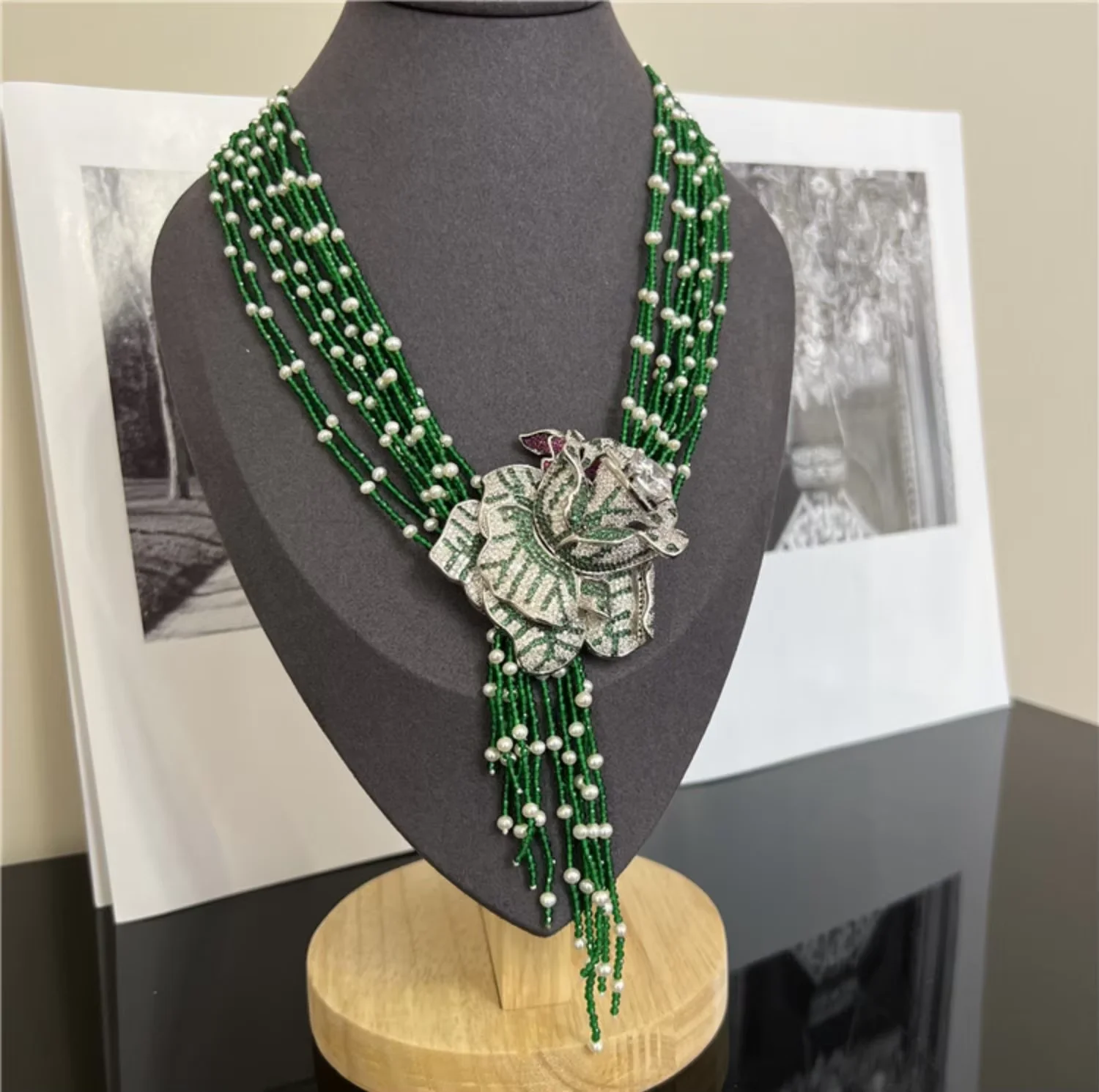 10 Rows Natural Cultured White Pearl Green Jades  Flower CZ Connector Necklace