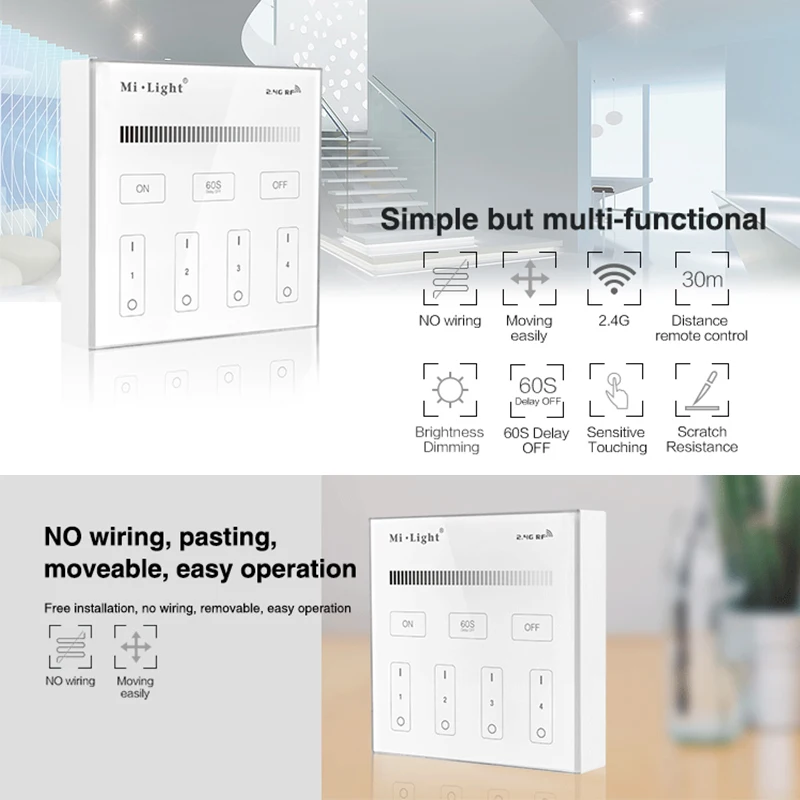 Miboxer B1 2.4G 4-Zone Timable 86 Touch Switch Panel Adjust Brightness Dim Single color For Led Strips/ Panel Lights/Controller