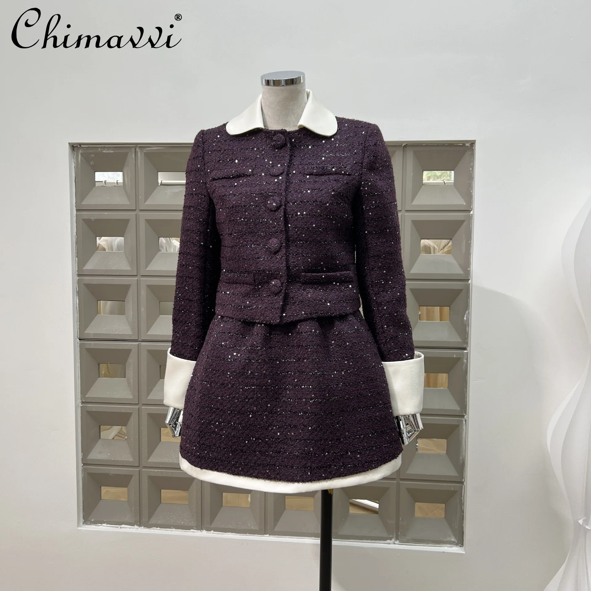 French Elegant Temperament Socialite Sequin Doll Collar Single-breasted Slim Jacket Elastic High Waist Skirt Two-piece Set Women