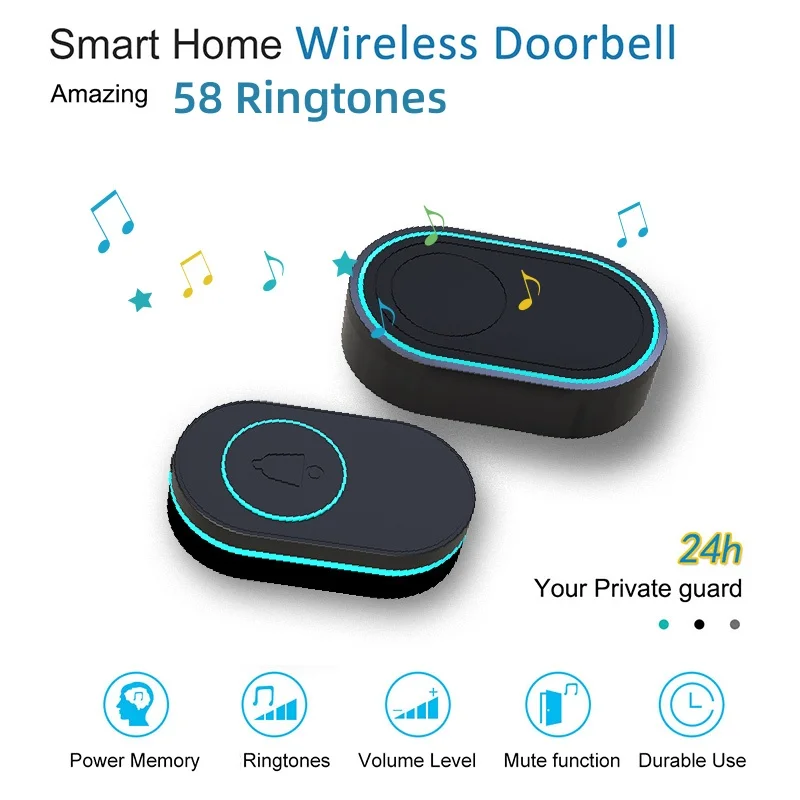 WiFi Smart Doorbell with Tuya App, 58 Melodies, 80m Range, RF433 Alarm Hub, Backup Battery