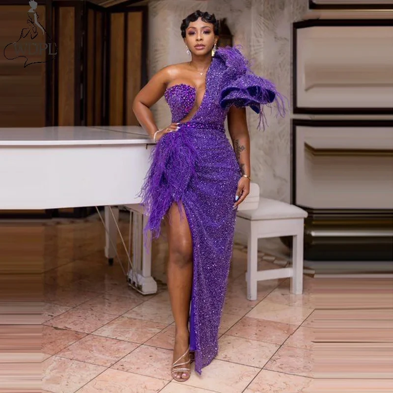 

Sparkly Purple Sequins Long Evening Dresses African Women Beading Side Slit Sexy Slit One Shoulder Feathers Prom Dress 2023