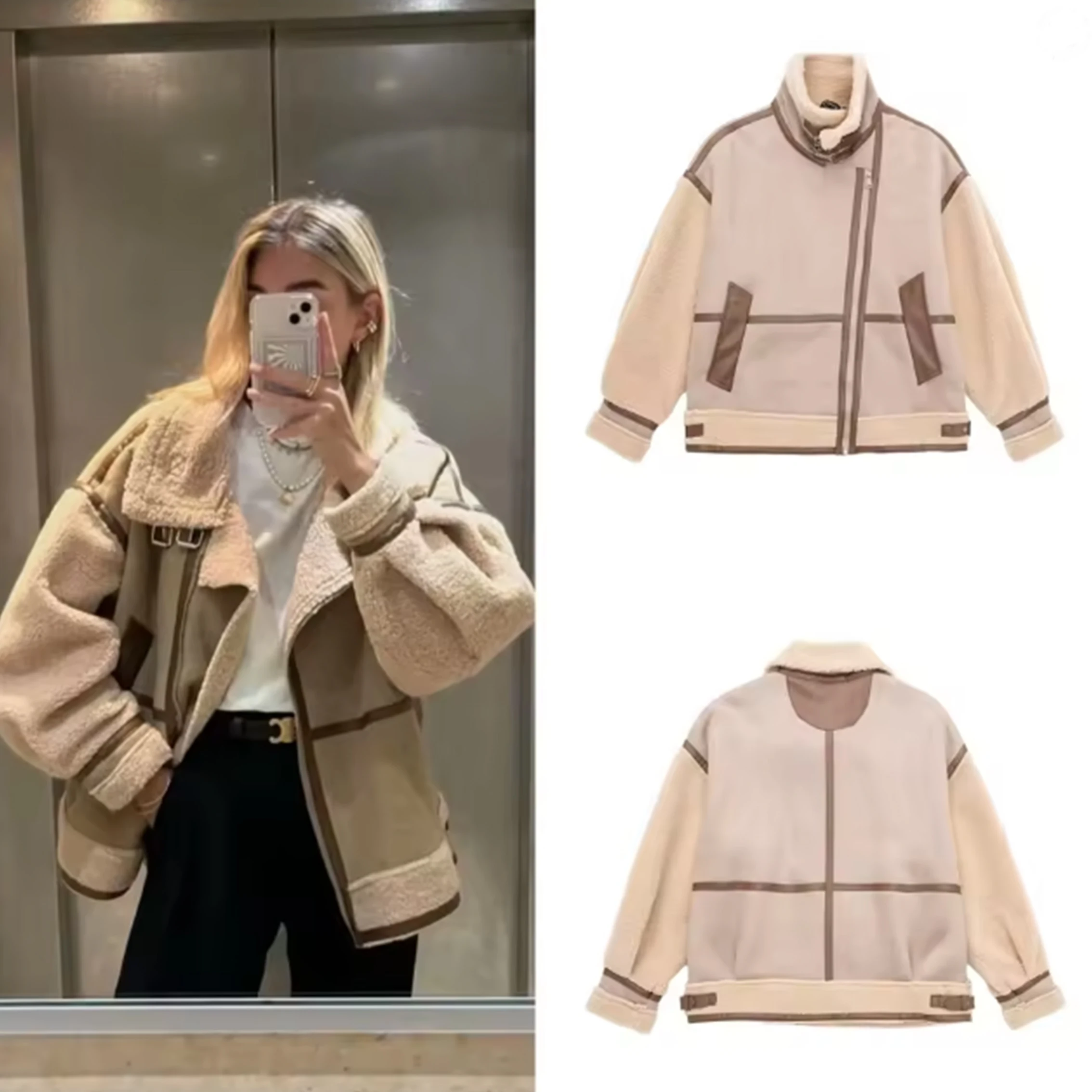 

Women's New Fashion Stitching Faux Leather Lamb Jacket Zipper Decoration Stand Collar Thickening Warm Winter Jacket