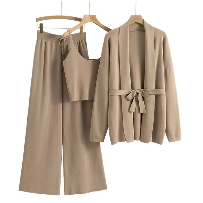 2023 Autumn Solid Knitted 3 Piece Sets Women Elegant Strapless Top and Long Pants Suit Long Cardigan Outfits