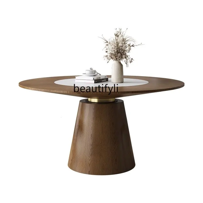 

Nordic Solid Wood Dining Table Embedded Turntable Dining Table Solid Wood round Table with Turntable Stone Plate Dining Table