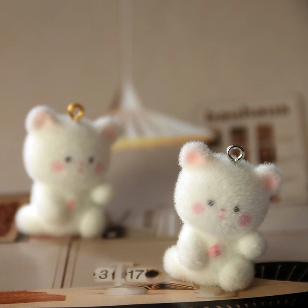 30Pcs 3D Flocking Cute Cat Charms Cartoon Animal Bear Resin Pendant  Earrings Keychains Accessories For DIY Crafts Jewelry Make