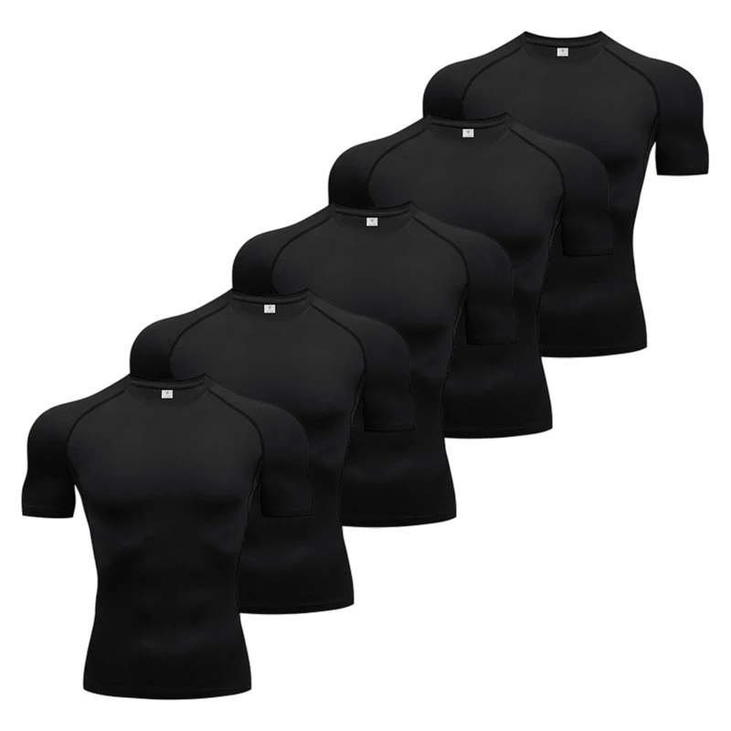 Mens Compression Shirt 1/3/5pcs Summer Elastic Tights T Shirts Quick Dry Running T-shirts Sports Tops Tee Gym Workout Clothing