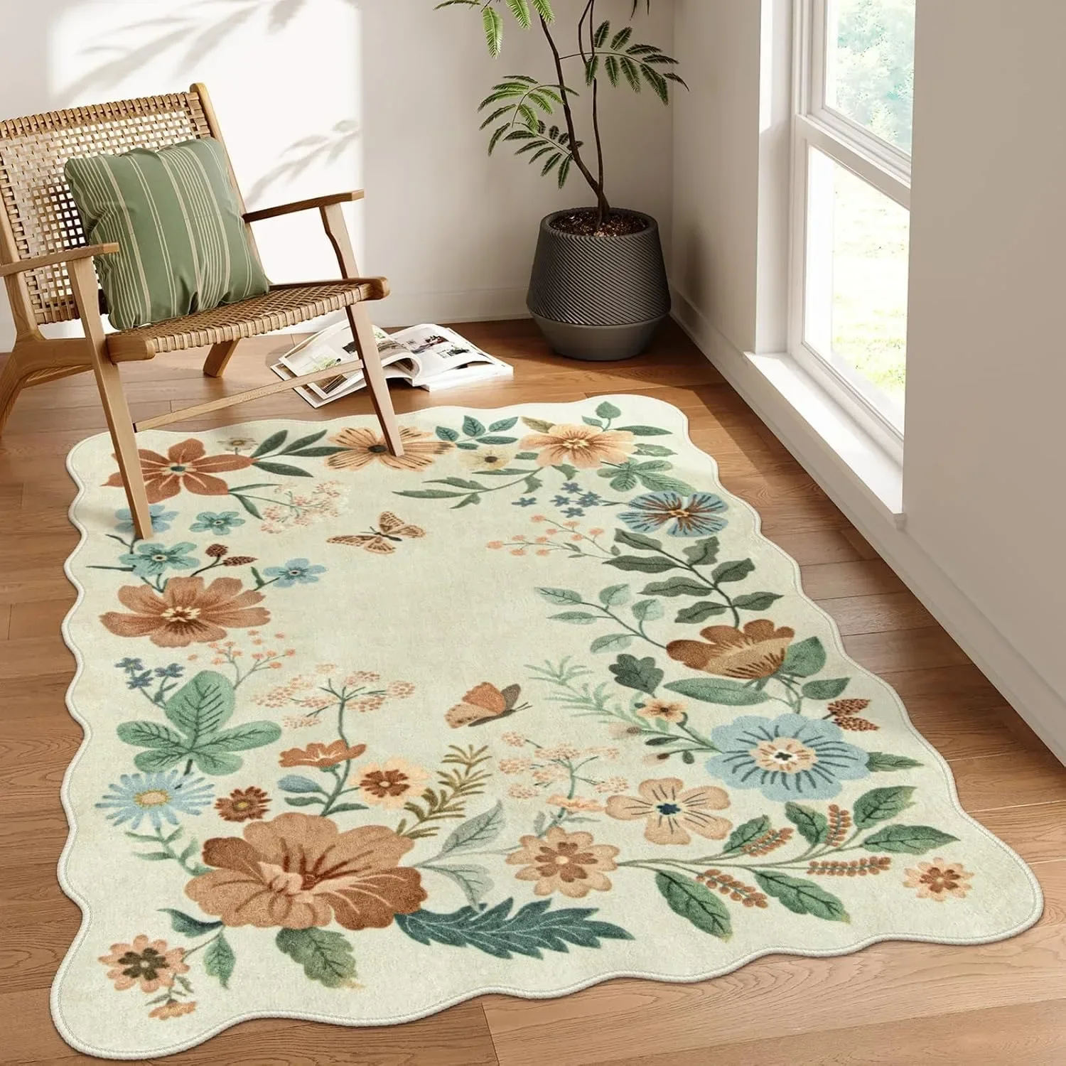 Retro Living Room Carpet Large Machine Washable Carpets Bedroom Bedside Floor Mat Bohemian Plant Flower Rugs Home Decoration Rug