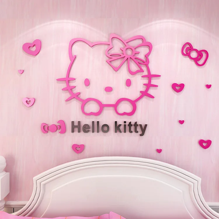 Cute Sanrio Hello Kitty Acrylic 3D Stereo Wall Stickers Cartoon Girl Bedroom Children\'s Room Bedside Decoration Stickers Gift