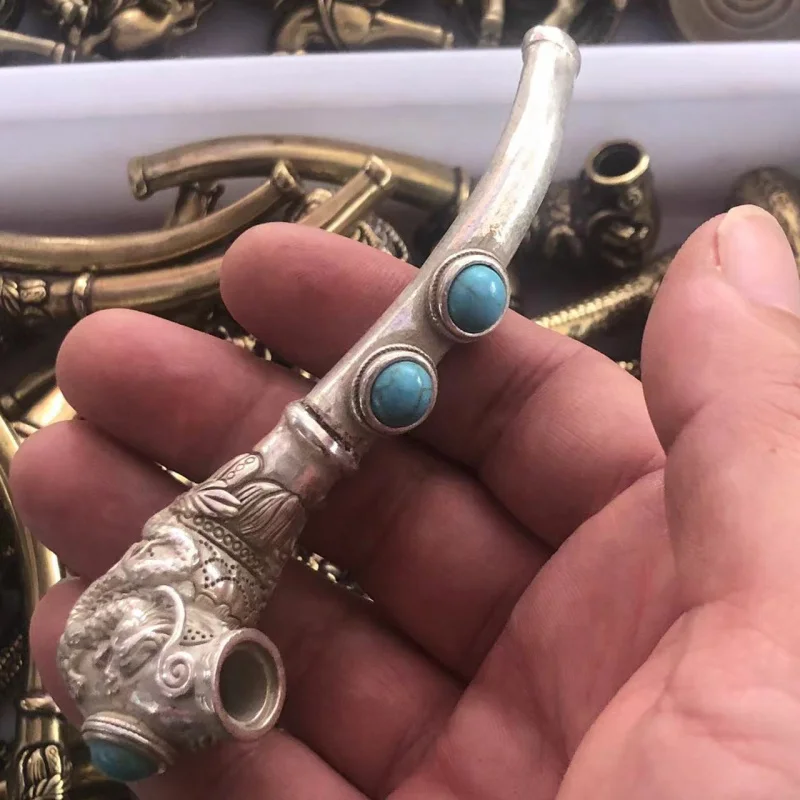 Antique Miscellaneous Antique Old Crafts White Copper Silver-Plated Green Inlaid Turquoise Dragon and Phoenix Faucet Cigarette H