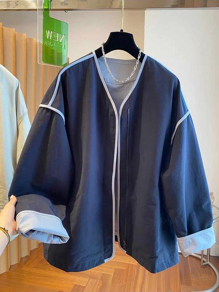 Women Korean Style No‑Collar Jacket 2026 Autumn Loose Thin Color Block Slub Casual Cropped Outerwear Fashion Ladies Tops