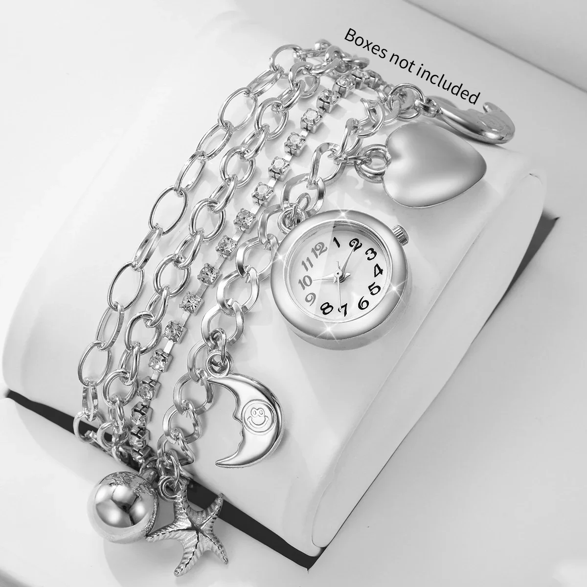 Fashion Women Bracelet Watch Silver Starfish Moon Heart Pendant Ladies Crystal Chain Wristwatch Relogio Feminino（Without Box）