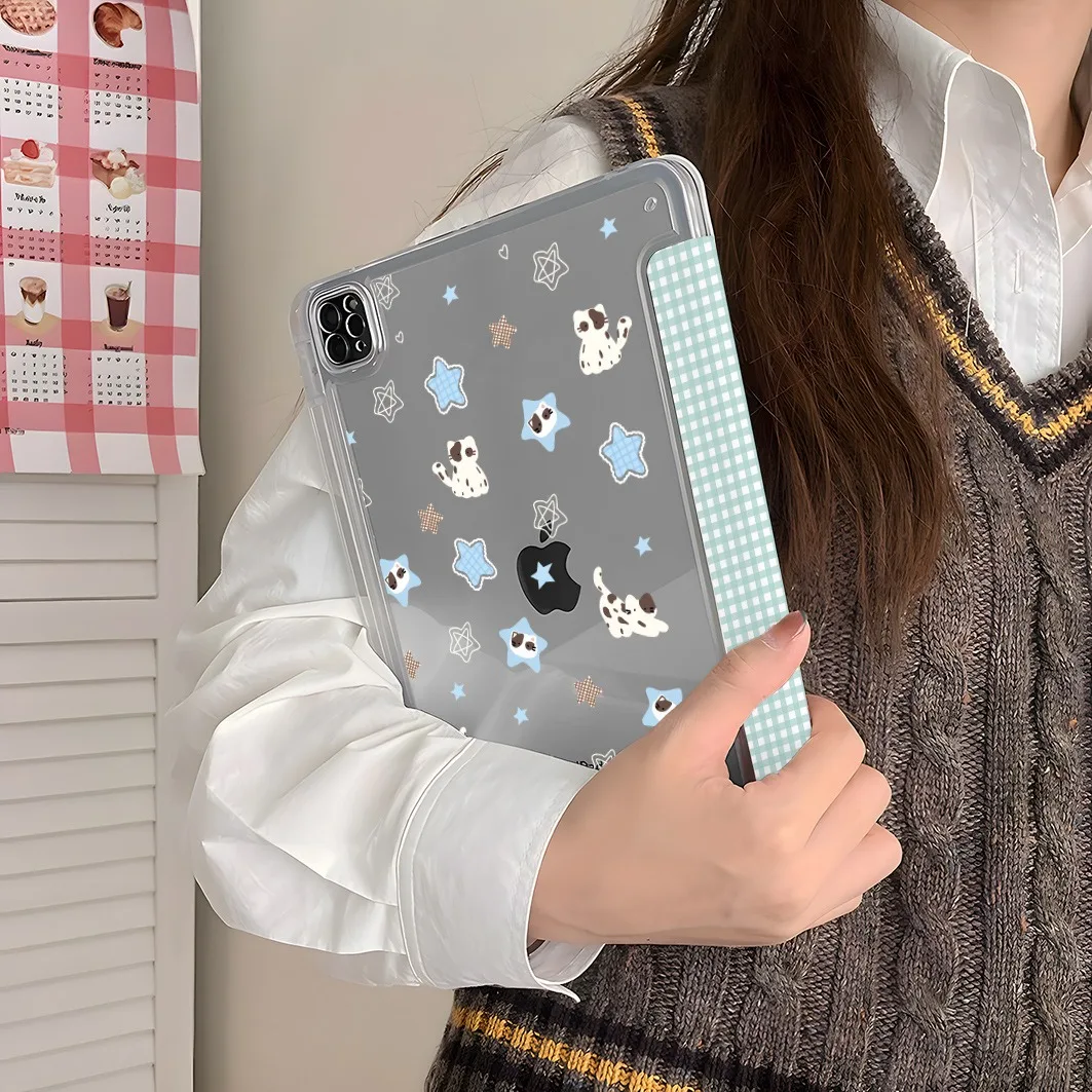 格子柄子猫ペンホルダー付きタブレットケース Mini7 6 iPad Pro 2024 2022 2021 2020 2019 2018 2017 11 10 9 8 7 6 5 Air7 6 5 4 3 2 1 カバー