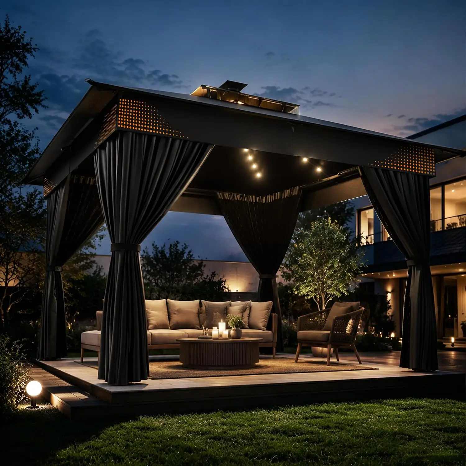 10'x10' Outdoor Gazebo Solar Light Double Roof Heavy Duty Patio Tent Mosquito Netting Privacy Screen Backyard, Customized