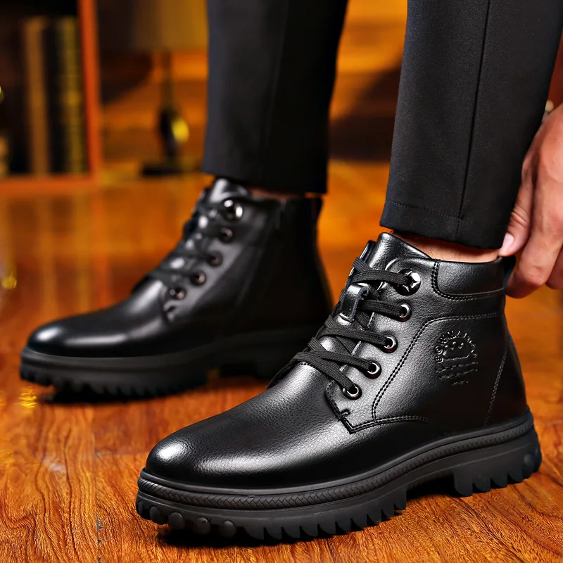 

Winter Warm Thickened Wool Cotton Shoes for Men Soft Leather Waterproof Non-slip Snow Boots High Top Men Dress Shoes