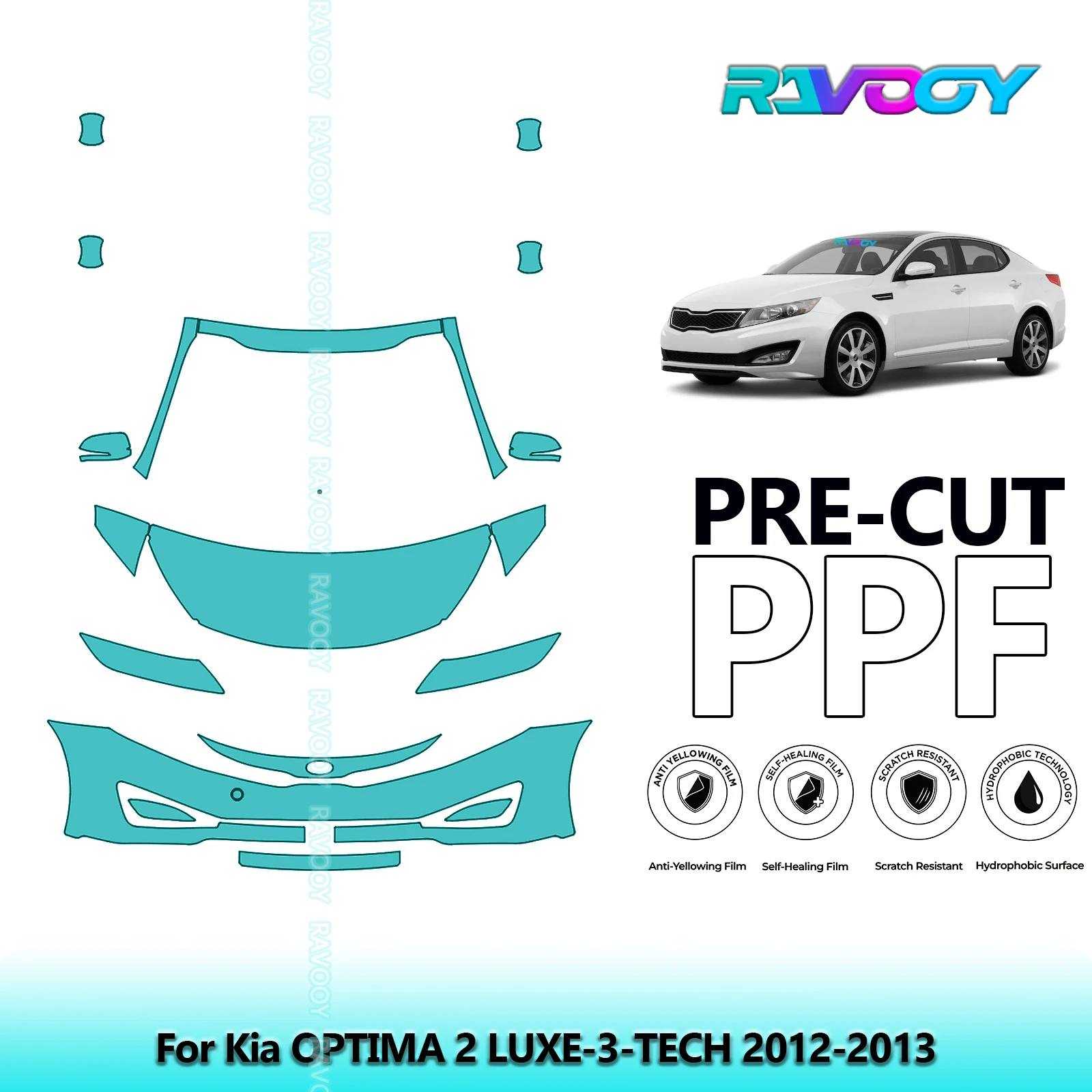 For Kia OPTIMA 2 LUXE-3-TECH 2012-2013 Partial Front 8.5Mil Pre-Cut Paint Protection Film PPF Stone Chip Kit | Clear/Matte/Black