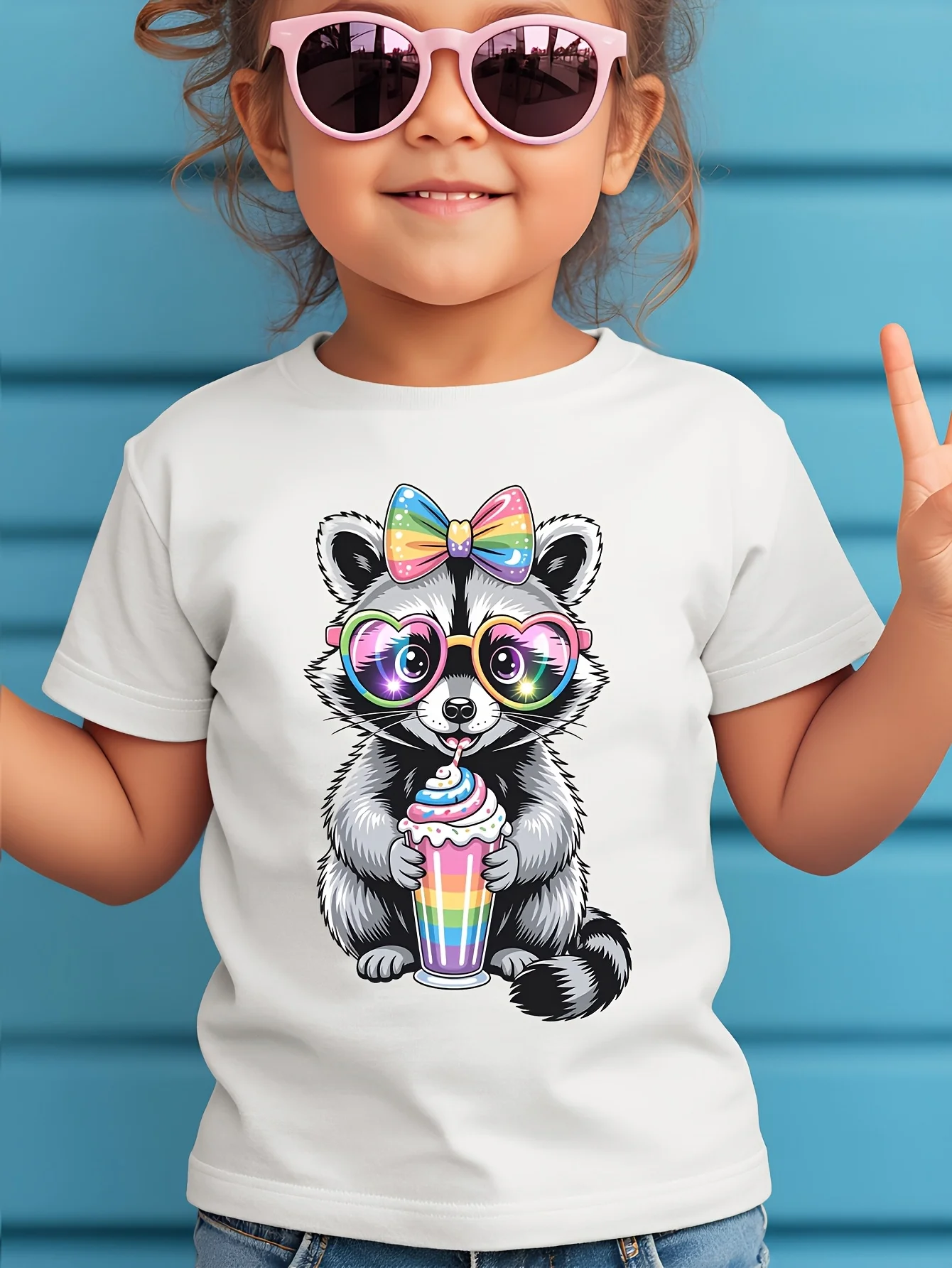 Raccoon Rainbow Bow Heart Glasses Milkshake Print Kids T Shirt Boys Girls Parent Child Soft Cotton Daily Cute Short Sleeve Tee