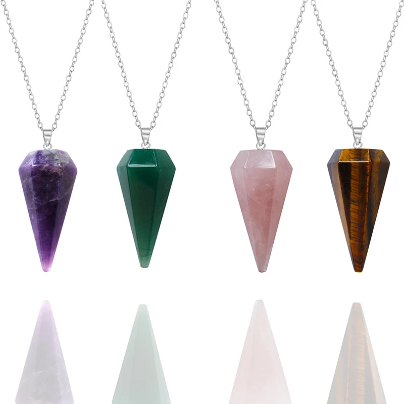 6 Facet Reiki Healing Crystal Stone Pointed Pendant Necklaces Pyramid Hexagonal Necklace f Women Men