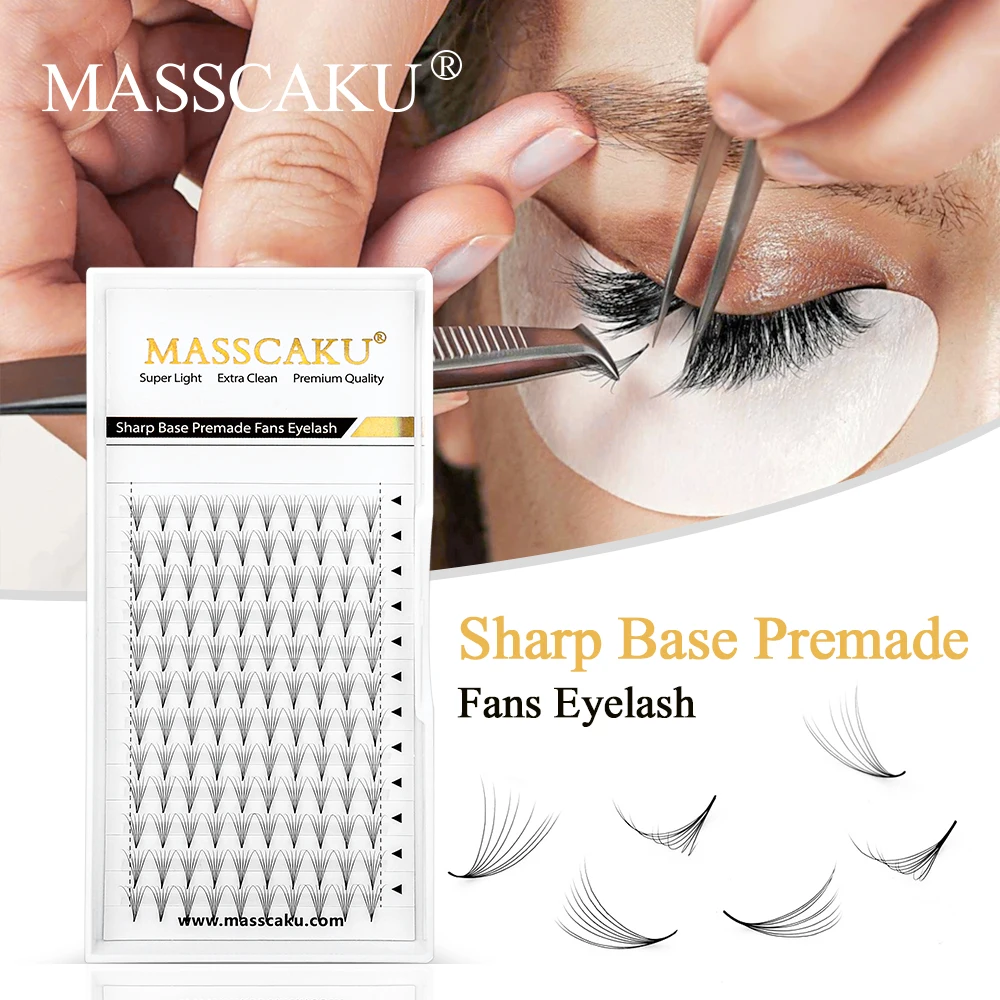 MASSCAKU Premade Fan Shape Base Narrow Eyelashes Thin Sharp Pointy Stem Soft Natural Makeup Eyelash Extensions Supplies