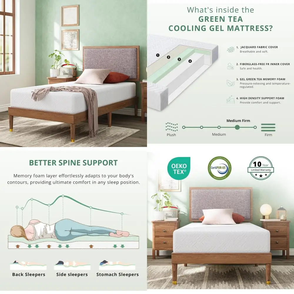 Green Tea Memory Foam Twin Mattress - 8 Inch Gel Infused Mattresses in Box - CertiPUR-US Certified Fiberglass Free - Comfortable