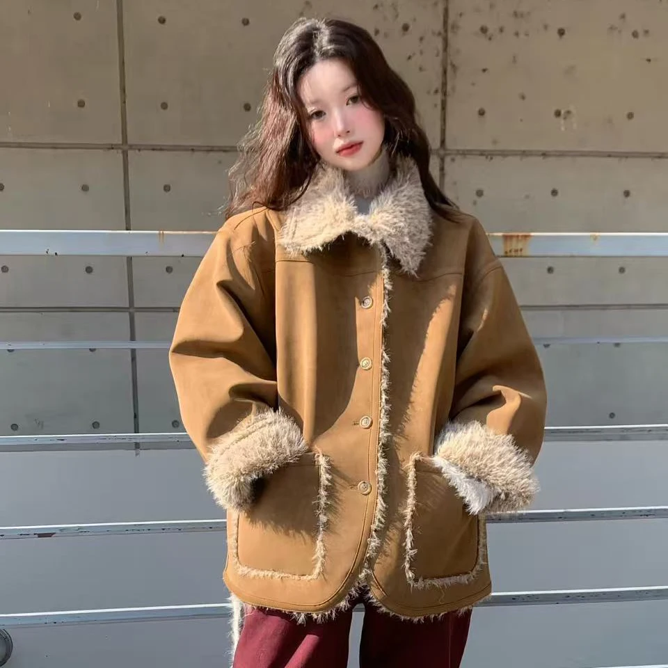 여성용 양면 겨울 코트 중간 길이 양털 재킷 친환경 인조 가죽 레트로 스타일 출퇴근용...