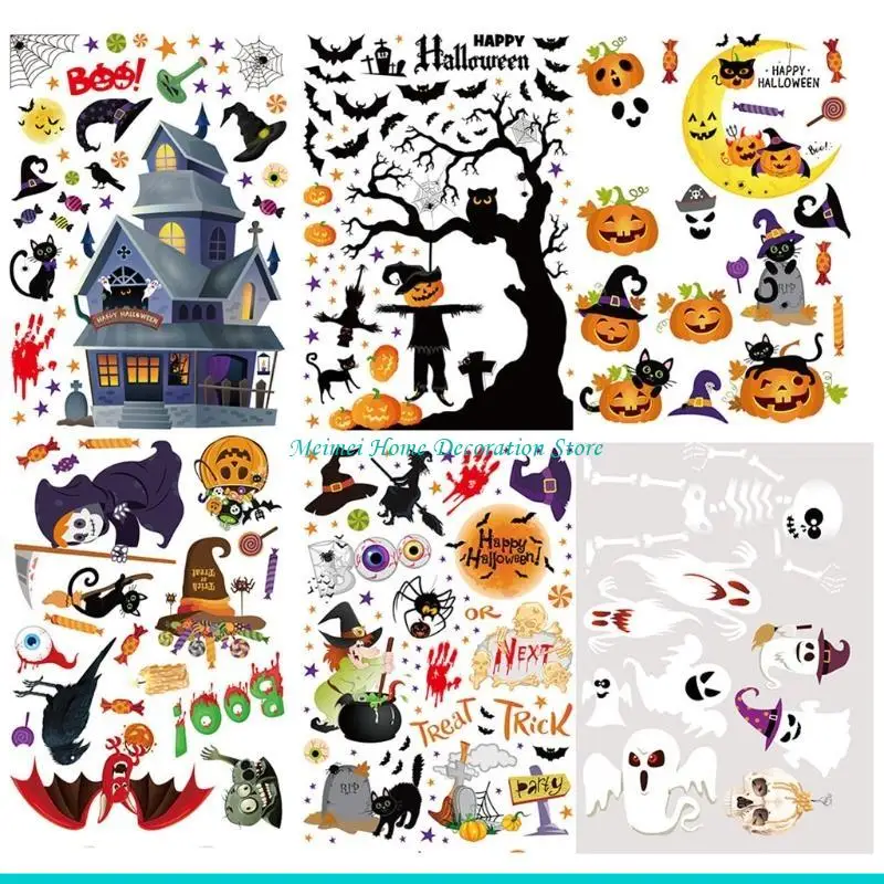 H7BF قابلة للإزالة هالوين جدار ملصقات الرعب ساحرة النافذة اليقطين كربات لعيد الهالوين حفلة المنزل الجدار شارات زجاجية