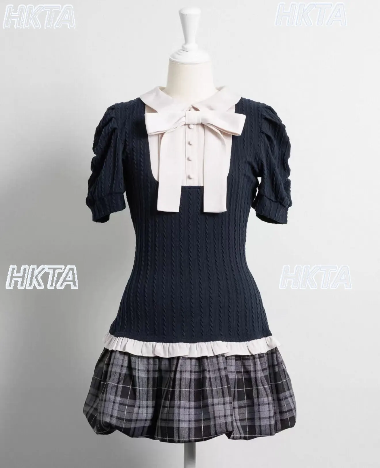 Japanese Production Knitting Bud Patchwork Dresses Summer New Sweet Bow Bubble Short-sleeved Dress Student  Short Lolita Dress