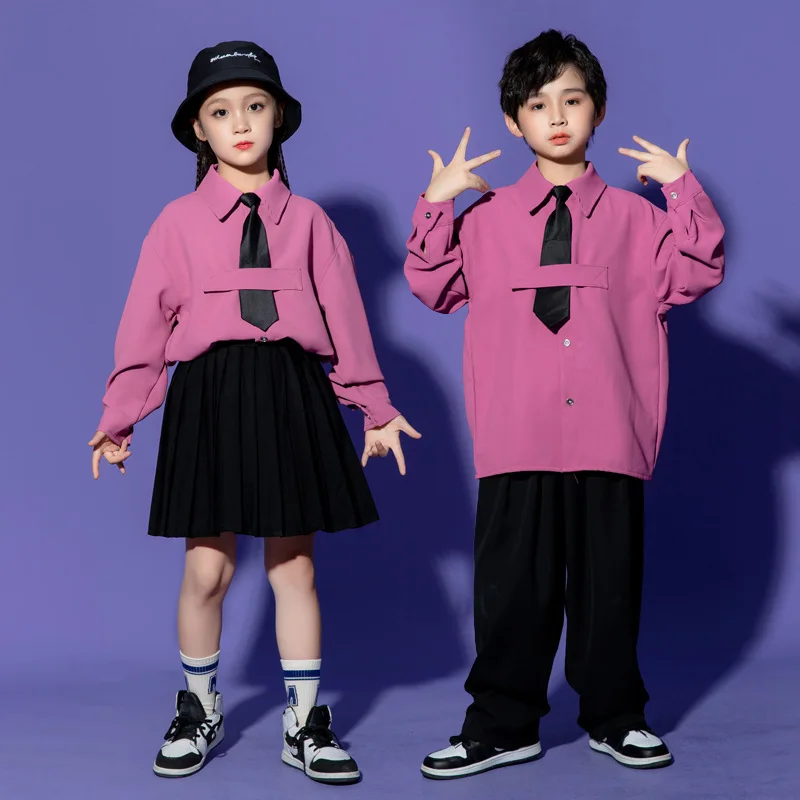 

Kid Hip Hop Clothing Long Sleeve Shirt Top Street Wide Pants Pleated Skirt for Girl Boy Jazz Dance Costume Clothes Set with Tie
