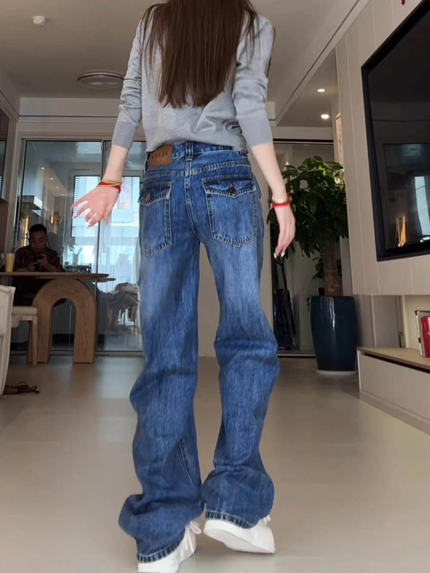

American Style Low Waist Wide Leg Blue Jeans Women's Spring Autumn Loose Drapey Tall Extended Slim Straight Cotton Denim
