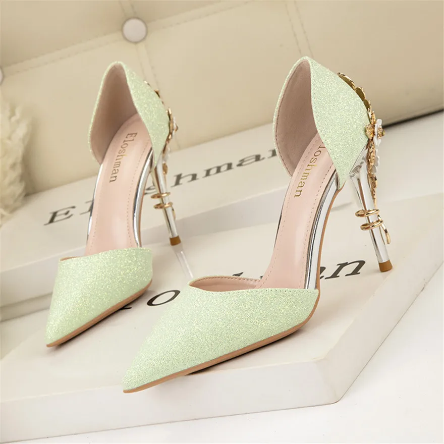 2024 New Sequined Cloth Hollow Women Pumps Black White Sexy Metal Flower High Heels Pointy Toe Wedding Spring Ladies Shoes Dress