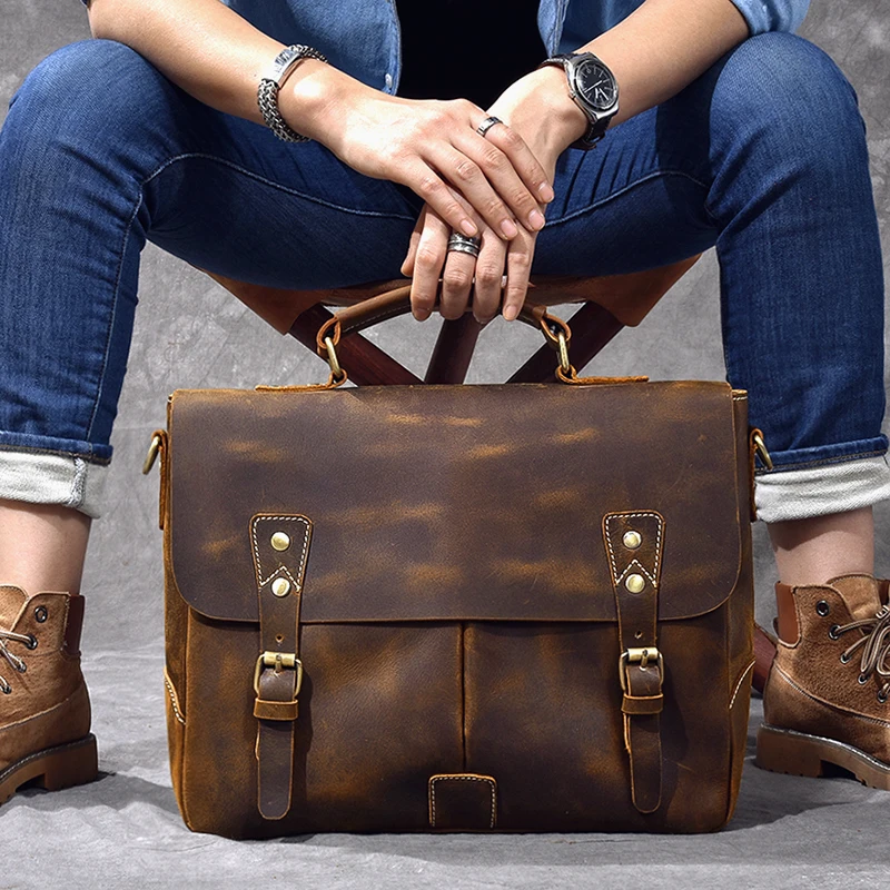 Mens classics Genuine Leather Messenger Bags Tote Crossbody Bags Men's Briefcase Laptop 14'' Bag Men's shoulder bag Leather