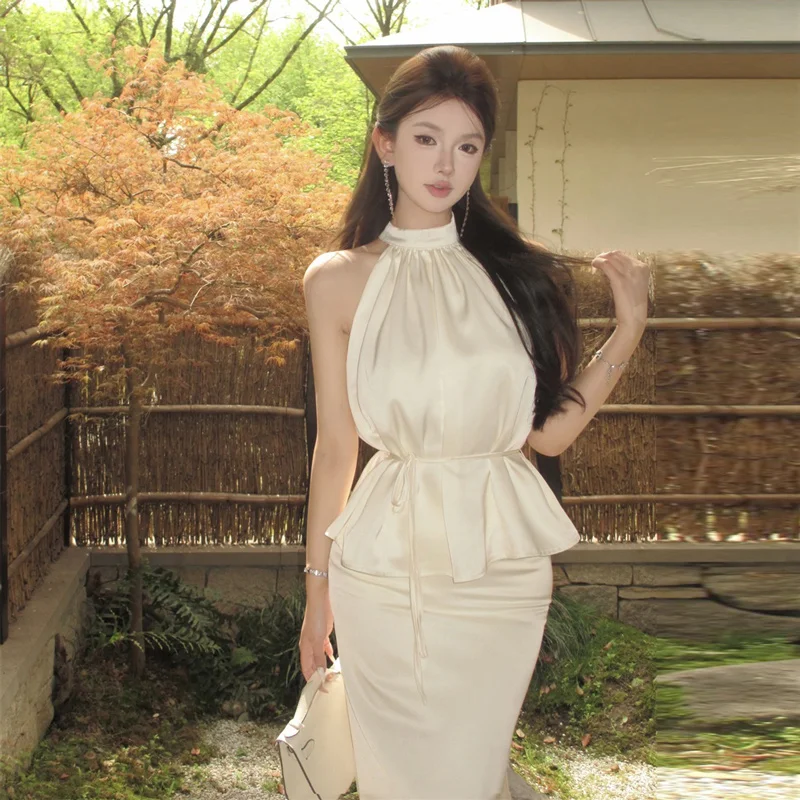 

Elegant Neckline Top And Skirt Set Comfortable Cotton Short Sleeveless French Style Women's Fashion Two-Piece Suit for Date