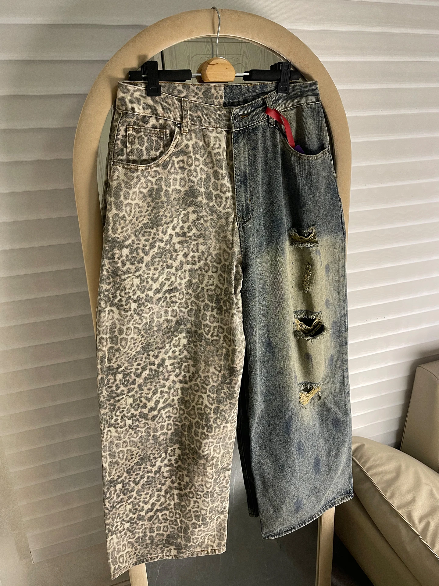 

Paris Heavy Industry Leopard Print Spliced Ripped Denim Pants Men's Women's American Retro Distred Loose Wide Leg Floor-Le...