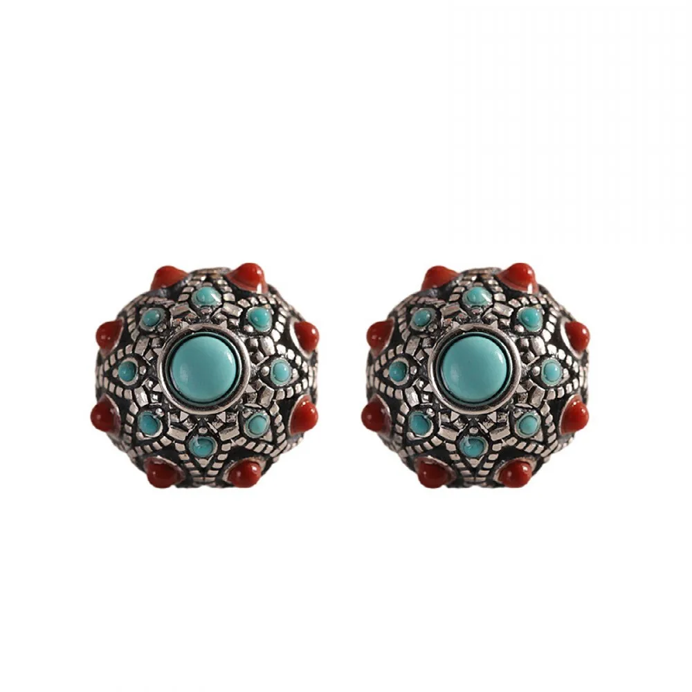 BOCAI NEW S925 Pure Silver Retro Personality Tibetan Style Turquoise Earrings Women's Gift